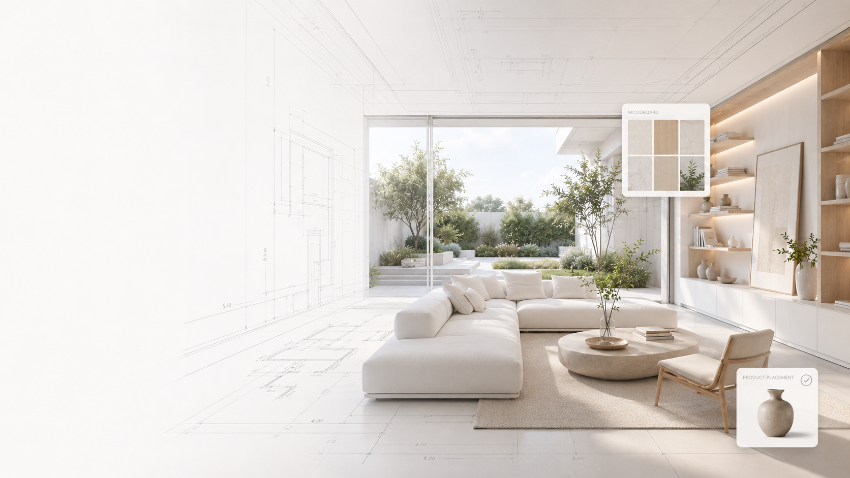 Interior scene with garden view, moodboard, and product placement cards blended with architectural drawings