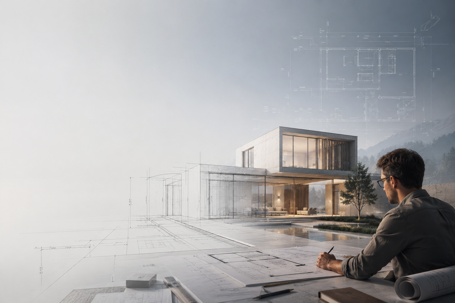 Architect sketching a modern home concept that blends into a realistic exterior render